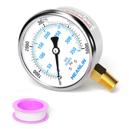 MEANLIN MEASURE 0~5000Psi Liquid Filled Pressure Gauge 1/4" NPT 2.5" FACE DIAL Stainless Steel Glycerin Filled WOG Water Oil Air Lower Mount (with 2PCS Snaps)