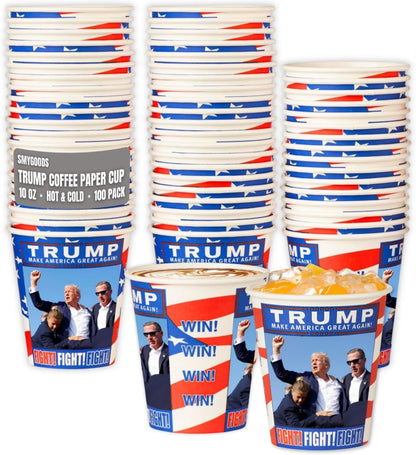 Smygoods Trump Design Disposable Paper Coffee Cups (10 OZ, 100 Count) For Hot Beverages, Tea, Espresso, Cocoa - To Go Drink Containers, Café & Office