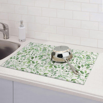 Green Leaves Dish Drying Mat, Highly Absorbent Microfiber Kitchen Counter Pad Reusable Washable, 18*24"