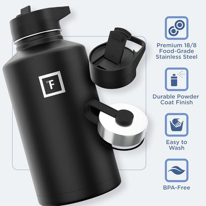 IRON °FLASK Camping & Hiking Hydration Flask with 3 Lids - Stainless Steel, Double Walled & Vacuum Insulated Water Bottle - Leak Proof & BPA Free (Blue Waves, Straw - 64 oz)