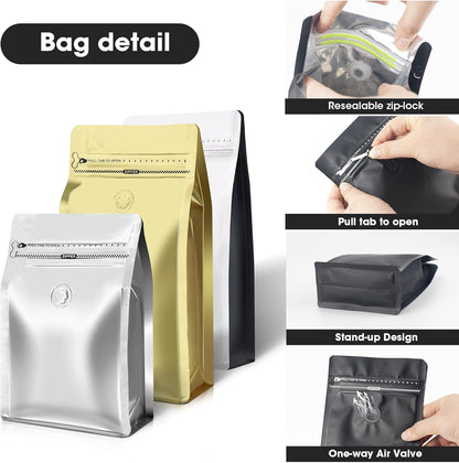 Coffee Bags with Valve(60pcs,16 oz,1 lb) Vented Coffee Beans Packaging Bags High Barrier Aluminumed Foil Flat Bottom Heat Sealed Side Zipper Resealable Storage Bag for Home or Business（White+Orange）
