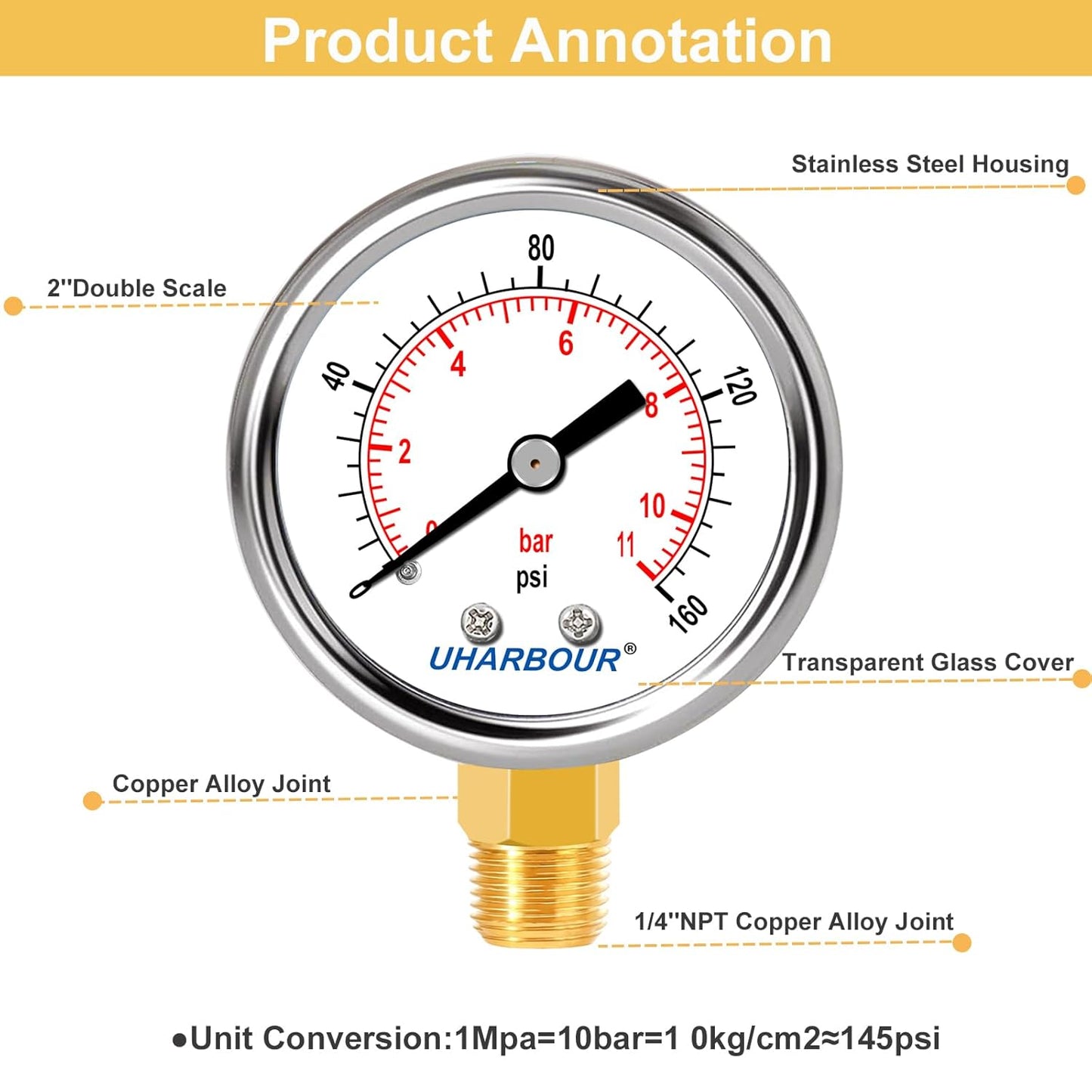 Lead-Free Pressure Gauge 0-160psi 1/4" NPT Lower Mount 2" Dial Stainless Steel Case, Pressure Gauge for Water Air RV
