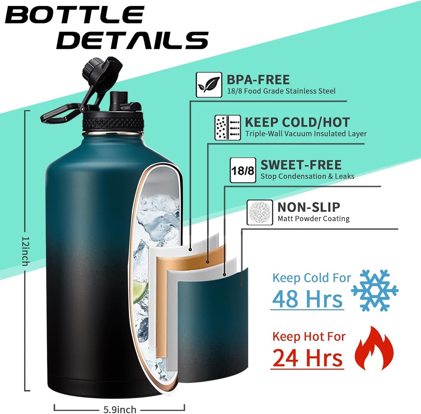 1 Gallon Water Bottle Stainless Steel - 128oz Insulated Flask Water Bottle with Sleeve Strap, Big Water Jug with Straw & Spout Lid, Gym Camping Gallon Water Bottle w/Paracord Handle, protective Boot