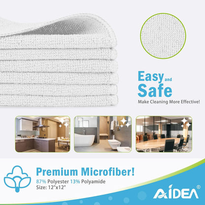 AIDEA Microfiber Cleaning Cloth-50PK, Soft Microfiber Towels for Cars, Absorbent Cleaning Rags, Lint-Free Streak-Free Wash Cloths for House, Kitchen, Window(12in.x12in), White
