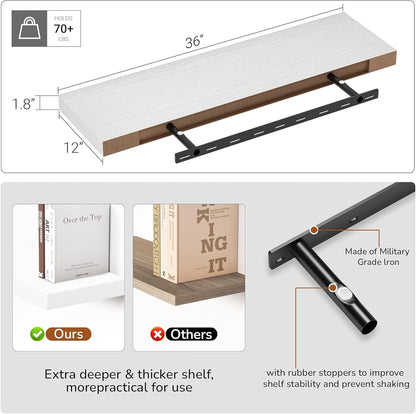 Vivelove 10 inch Deep Wall Shelves 36 inche Long, 1.8 Thick Single Floating Shelf Wall Mounted, Heavy Duty 70 lbs Shelves for Bedroom, Books, Living Room, Kitchen, Office Modern Farmhouse Decor, White