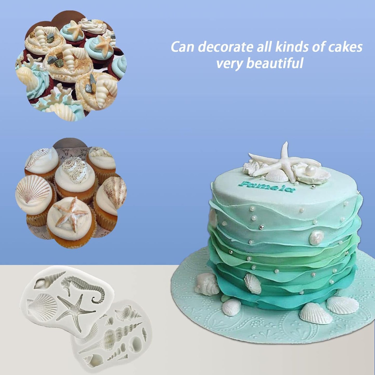 MEMOVAN Marine Theme Silicone Fondant Mold 4pcs Under the Sea Cake Mold Hippocampus Seaweed Sea Fish Crab Coral Conch Sea Shell Silicone Chocolate Mold for DIY Ocean Theme Cake Cookie Chocolate Candy