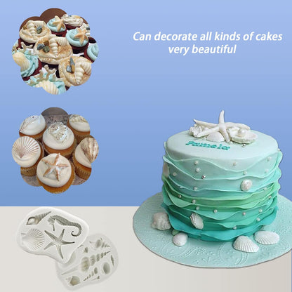 MEMOVAN Marine Theme Silicone Fondant Mold 4pcs Under the Sea Cake Mold Hippocampus Seaweed Sea Fish Crab Coral Conch Sea Shell Silicone Chocolate Mold for DIY Ocean Theme Cake Cookie Chocolate Candy