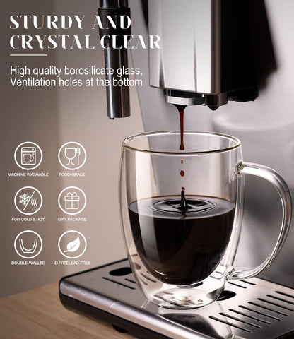 OJA Double Wall Glass Coffee Mugs Set of 4, Hand Blown 12.5OZ Clear Glass Coffee Cups, Insulated Tea Mug, Perfect for Espresso, Cappuccino, Latte, American,Tea Bag, Beverage