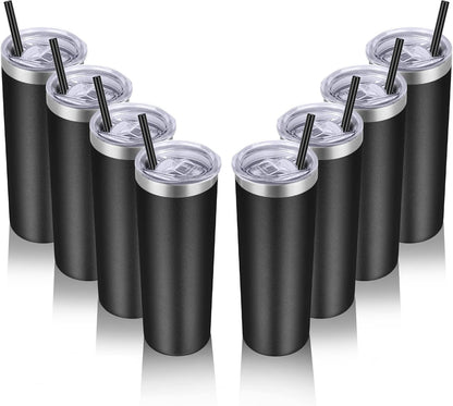 VEGOND Stainless Steel Tumblers Bulk 8 Pack, 20 oz Vacuum Insulated Skinny Tumblers with Lid and Straw, Double Wall Coffee Mug, Travel Water Cup, Black