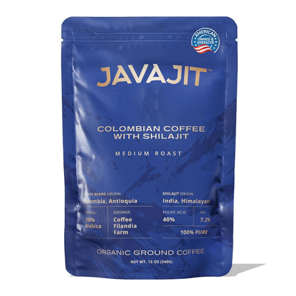 Colombian Coffee with Shilajit – Medium Roast Organic Ground Coffee, Energy & Immunity Boost, 250mg Himalayan Shilajit per Serving, 16 Servings