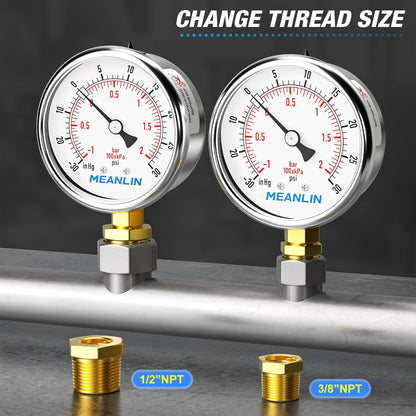 MEANLIN MEASURE -30inHG~30Psi Vacuum Gauge Stainless Steel 1/4" NPT 2" FACE DIAL Waterproof for Air Compressor HVAC Negative Pressure Hand Pump Pool Lower Mount, with 1/2" NPT and 3/8" NPT Hex Bushing