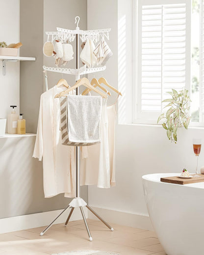 SONGMICS 2-Tier Clothes Drying Rack, 72-Inch Folding Laundry Drying Rack with 3 Rotatable Arms for Hangers, 24 Clips, Stainless Steel, for 27 Pieces of Clothes, White and Silver ULLR512W01