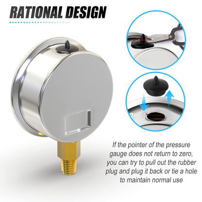 MEANLIN MEASURE -30inHG~0Psi Stainless Steel 1/8" NPT 2.5" FACE DIAL Vacuum Pressure Gauge, Lower Mount, with 1/4" NPT and 3/8" NPT Hex Bushing