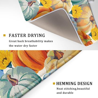 Giwawa Fall Dish Drying Mat 18"x24" Watercolor Autumn Teal Blue Orange Pumpkins Sunflowers Dish Drainer Mats Large Thanksgiving Harvest Microfiber Dish Drying Pad Kitchen Countertop Decor