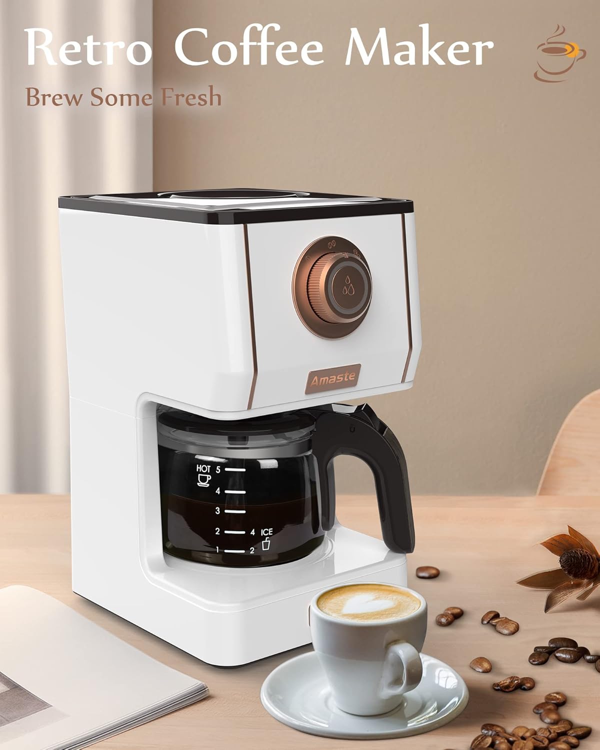 Amaste Retro Style Coffee Machine with 25 Oz Glass Coffee Pot, Reusable Coffee Filter & Three Brewing Modes, 30minute-warm-keeping, Elegant White with Rose Gold