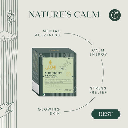 Luxmi Estates Midnight Bloom Organic Jasmine Tea (25 Tea Bags) Mildly Caffeinated Tea Bags For Relaxing, Calming, and Stress Relief, With Certified Organic Darjeeling Makaibari Green Tea