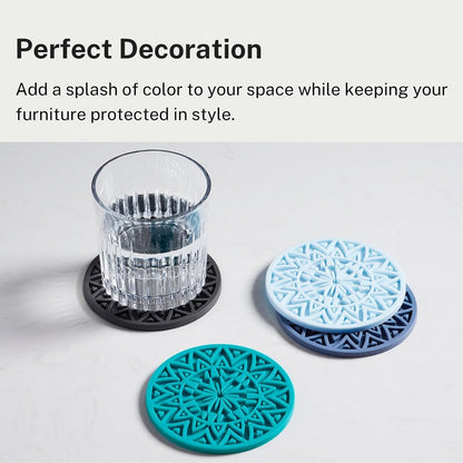 Set of 6 Teal Silicone Coasters with Holder, Drink Coasters with Tribal Pattern Shape- for Table Protection, Anti Slip, Nonstick, Heat Resistant, Deep Tray