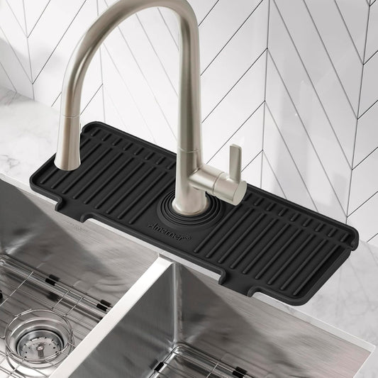 Kitchen Sink Splash Guard, 10° Large Slope & Adaptable Hole Faucet Mat for Kitchen Sink, Silicone Sink Organizer Sponge Holder for Kitchen, Bathroom, RV, Bar, 14.2” x 5.1”, Black
