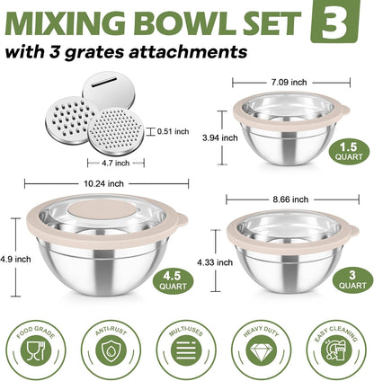 TeamFar Mixing Bowls, 3PCS Stainless Steel Serving Salad Bowls with Lids & 3 Graters, For Kitchen Mixing/Baking/Storing/Prepping, Visible & Airtight, Easy Clean - 4.5/3 / 1.5 QT, Khaki