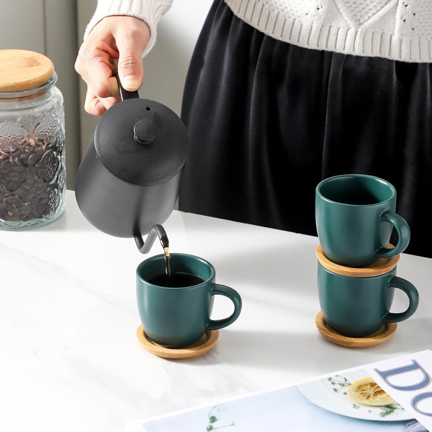 Hasense Stackable Porcelain Mini Espresso Cups and Saucers Set of 6, 4 OZ Ceramic Small Demitasse Espresso Shots Cups with Lids for Nespresso Lungo, Latte, Cafe Mocha and Tea, Green