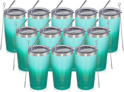 MEWAY 20oz Tumbler 12 Pack Double Wall Vacuum Insulated Travel Glitter Mug Bulk, Stainless Steel Tumblers with Lid and Straw, Powder Coated Coffee Cups for Woman(Gradient Green,Set of 12)