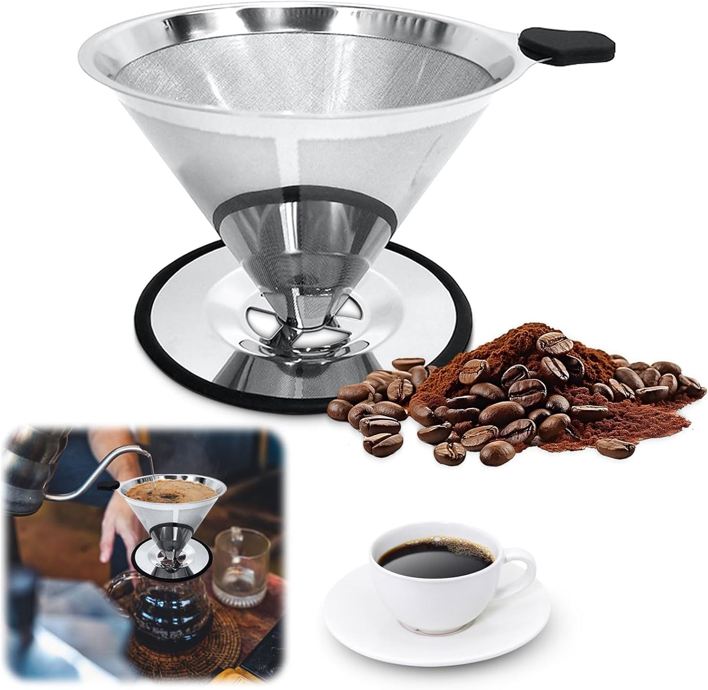 Pour Over Coffee Dripper-Stainless Steel Coffee Filter,Reusable Drip Cone Coffee Filter Portable Pour for 1-4 Cup (With Silicone Ring, S)
