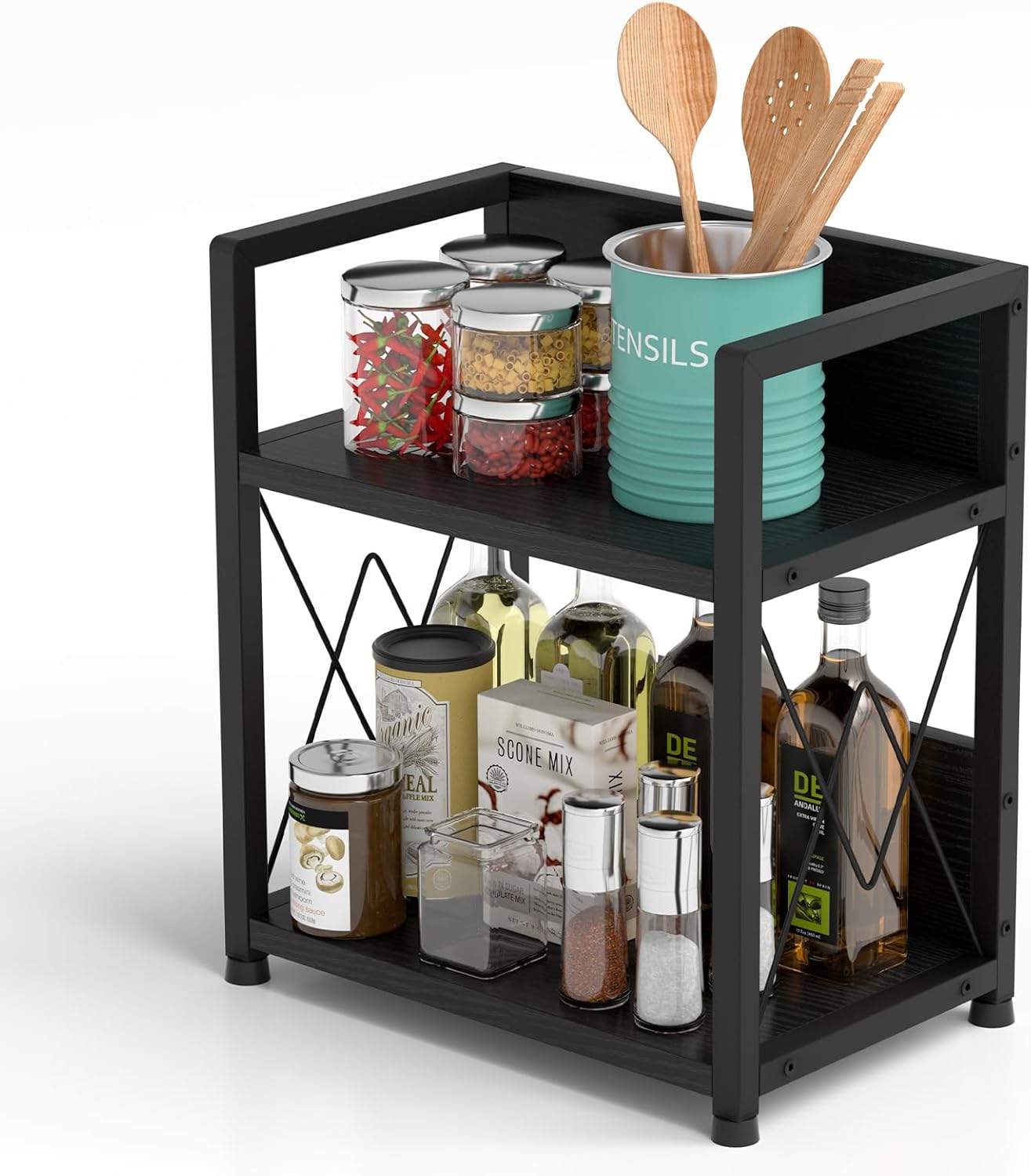 Aduanbang Coffee Bar Accessories Organizer, Seasoning Organizer, 2 Tier Wooden Kitchen Counter Shelf, Coffee Organizer Station for Countertop, Coffee Condiment Rack for Mugs, Cups, Cream, Syrup