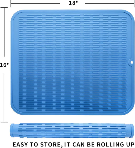 Silicone Dish Drying Mat for Multiple Usage,Easy clean,Eco-friendly,Heat-resistant Silicone Mat for Kitchen Counter or Sink,Refrigerator or Drawer Liner Lichen BlueL XL 18 inches x 16 inches