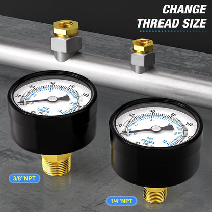 MEANLIN MEASURE 0-150Psi 2" DIAL FACE 1/8" NPT Well Pump Pressure Gauge, with 1/4" NPT and 3/8" NPT Hex Bushing, 3-2-3% Accuracy, Center Back Mount