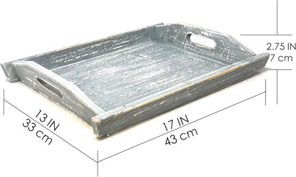 Allgala Wooden Tray 17""x13""x2"" Boat Style Vintage Grey Stylish Rustic Farmhouse Decor Serving Platter | Wooden Ottamen Tray | Coffee Table Tray I Bed Tray, Gray