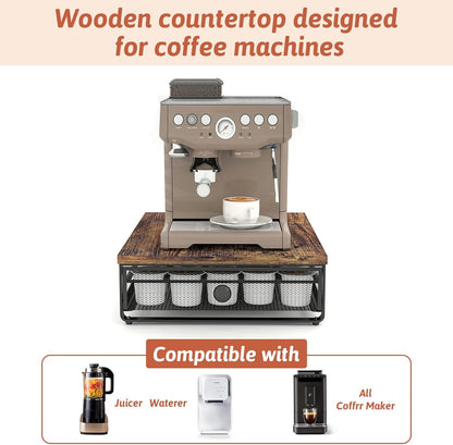 Coffee Pod Storage Drawer,with Sliding Baskets,Coffee Pod Holders for K Cups,35 Capacity Coffee Capsules Storage Organizer,Under Coffee Pot Storage Drawer,for Home Office, Kitchen (BROWN)