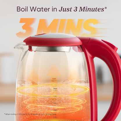 Cosori Electric Kettle, No Plastic Filter & Spout, Tea Kettle & Hot Water Boiler For Coffee & Tea, Water Heater & Teapot, Automatic Shut Off, Borosilicate glass, Red, 1.7L/1500W