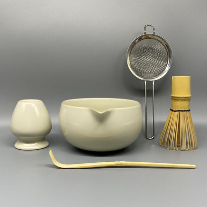 Matcha Whisk Set – 5 Pcs Matcha Set Whisk and Bowl with Spout, Bamboo Scoop, Sifter & Holder – Ru Kiln Matcha Bowl Japanese Tea Kit for Gifts, Home Use & Ceremonial Rituals (White)