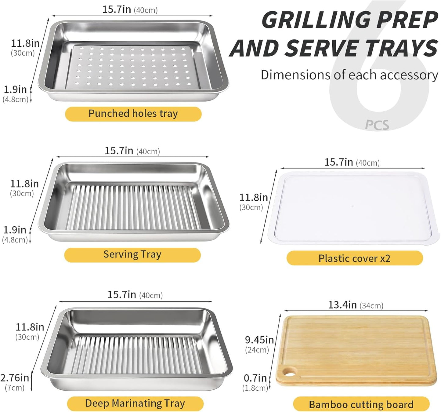Grilling Prep and Serve Trays, Stainless Steel Large Capacity Food Prep Tray, Grill Carry System, Marinade Container with Lid and Cutting Board, BBQ Grill Accessories, Grilling Gifts for Men