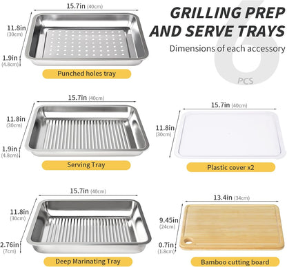 Grilling Prep and Serve Trays, Stainless Steel Large Capacity Food Prep Tray, Grill Carry System, Marinade Container with Lid and Cutting Board, BBQ Grill Accessories, Grilling Gifts for Men