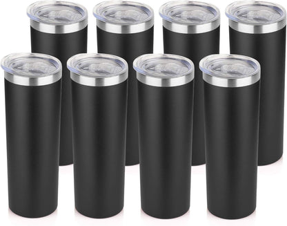 HASLE OUTFITTERS 20 oz Skinny Tumblers Bulk Set, Stainless Steel Insulated Slim Tumblers with Lids, Reusable Double Wall Travel Coffee Mugs, Durable Powder Coated Travel Water Cups(Black, 8)