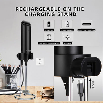 Rechargeable Electric Milk Frother Handheld, Coffee Frother with USB C Charging Stand, Powerful Frother Wand Whisk, Drink Mixer for Lattes, Hot Chocolate, Matcha, etc