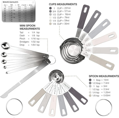 22-Piece Stainless Steel Measuring Cups and Spoons Set, Tad Dash Pinch Smidgen Drop Mini Measuring Spoons, Measuring Stick Leveler, Measurement Conversion Chart Fridge Magnet, (Charcoal)