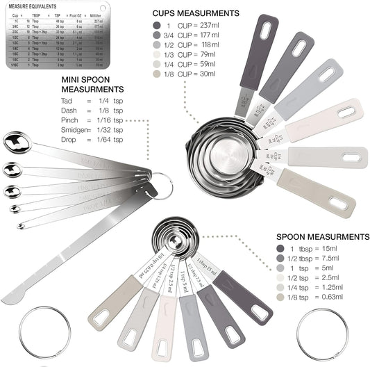 22-Piece Stainless Steel Measuring Cups and Spoons Set, Tad Dash Pinch Smidgen Drop Mini Measuring Spoons, Measuring Stick Leveler, Measurement Conversion Chart Fridge Magnet, (Charcoal)