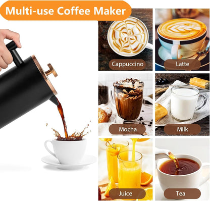 Small French Press 350ml Black, Double-Wall Insulated French Press Coffee Press Stainless Steel for travel camping, Single Cup Pour Over Coffee Maker Black(1 cup, 12 OZ)