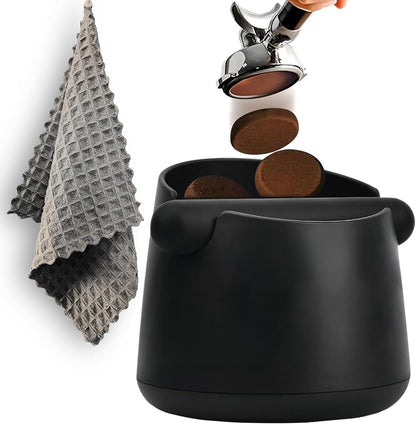 Espresso Knock Box with Barista Towels, Removable Shock-absorbent Knock Bar & Non-Slip Base - Knock Box Espresso, Knock Box for Coffee Grounds, Espresso Machine Accessories, Black, JDHAVMOS