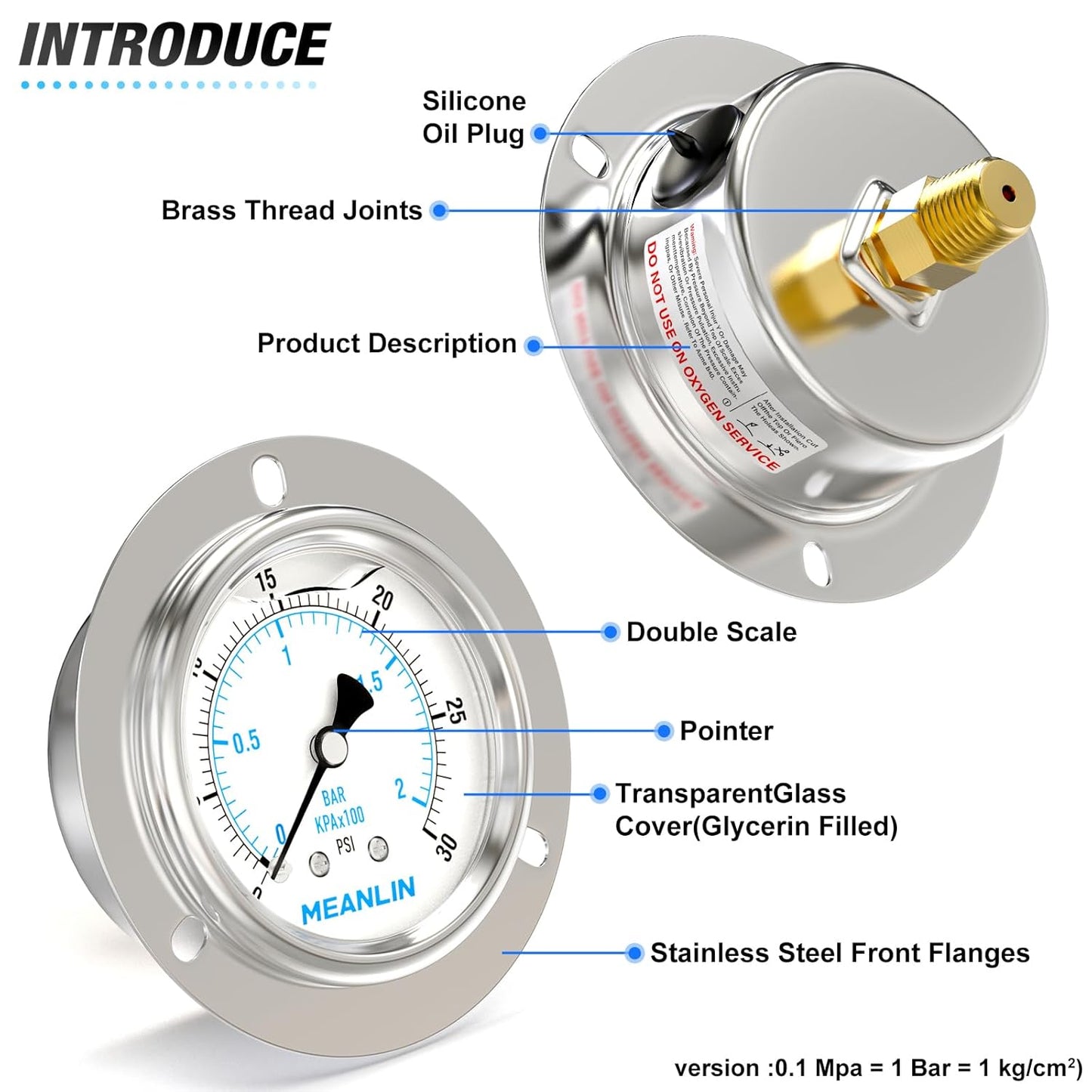 MEANLIN MEASURE 0~30Psi Liquid Filled Pressure Gauge Front Flange Panel Mount, 1/4" NPT 2.5" FACE DIAL Stainless Steel Case with Phillips Screw and Nut, +/-3-2-3%