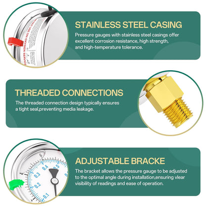 0-10PSI Stainless Steel Liquid Filled Pressure Gauge, 2.5" Dial Size, 1/4" NPT Lower Mount, for Tube, Water Pump, Gas, Liquid, Pressure Test (with Range Mark Pointer)