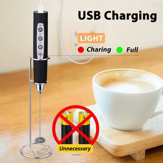Milk Frother with Stand Rechargeable-Handheld Coffee Frother with 3 Stainless Whisks 3 Speed Adjustable, Electric Whisk Drink Mixer, Foam Maker Blender for Matcha Latte Cappuccino Chocolate