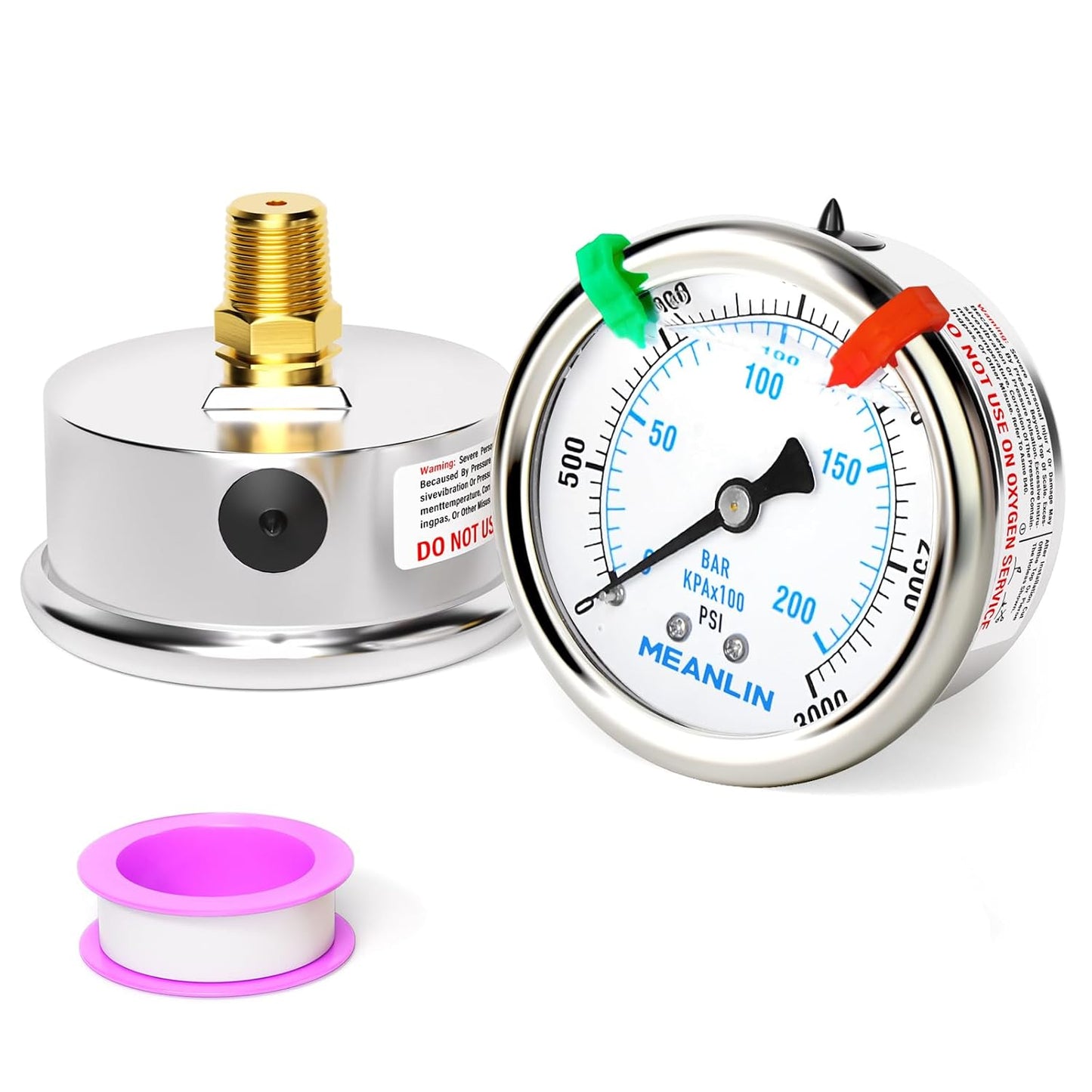 MEANLIN MEASURE 0~3000Psi Liquid Filled Pressure Gauge 1/4" NPT 2.5" FACE DIAL Stainless Steel Glycerin Filled WOG Water Oil Air Back Mount (with 2PCS Snaps)