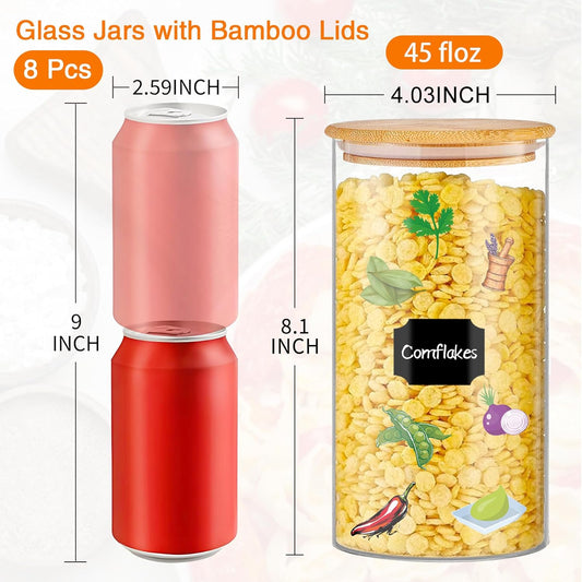 Glass Storage Jars 45 oz 4 Pcs Clear Glass Food Storage Containers with Airtight Bamboo Lid Stackable Kitchen Canisters for Candy, Cookie, Rice, Sugar, Flour, Pasta, Nuts