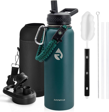 Insulated Water Bottle 40 oz, Triple Wall Vacuum Stainless Steel (Cold for 48 Hrs), Leak Proof & Non-BPA, Modern Water Flask Jug with Paracord Handle & Straw Spout Lids, Dark Green