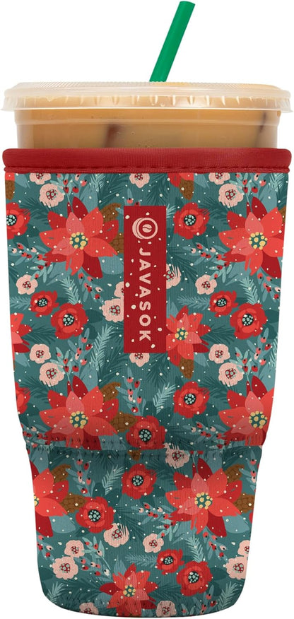Sok It JavaSok Iced Coffee & Cold Soda Insulated Neoprene Cup Sleeve (Pastel Poinsettias, Large: 30-32oz)