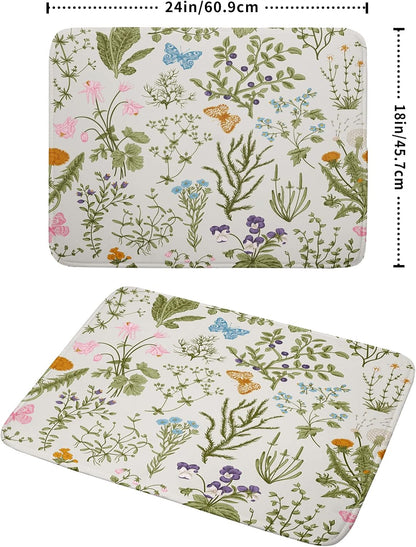 Wild Flowers Herbs Dish Drying Mat for Kitchen Counter Decor 18x24 Inch Vintage Floral Absorbent Reversible Microfiber Dish Drying Pad Sage Plant Dish Drainer Rack Mats for Coffee Bar Kitchen