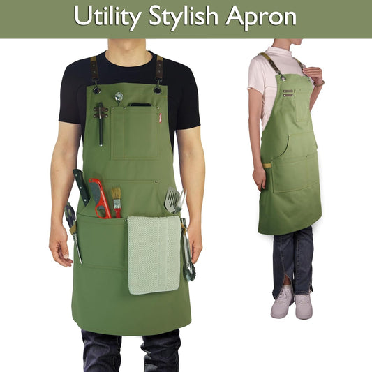 Kitchen Apron, Work Apron, Canvas, Multiple Pockets, Gardening, Painting, BBQ, Artist, Carpenter, Sizes M to XXL, Olive